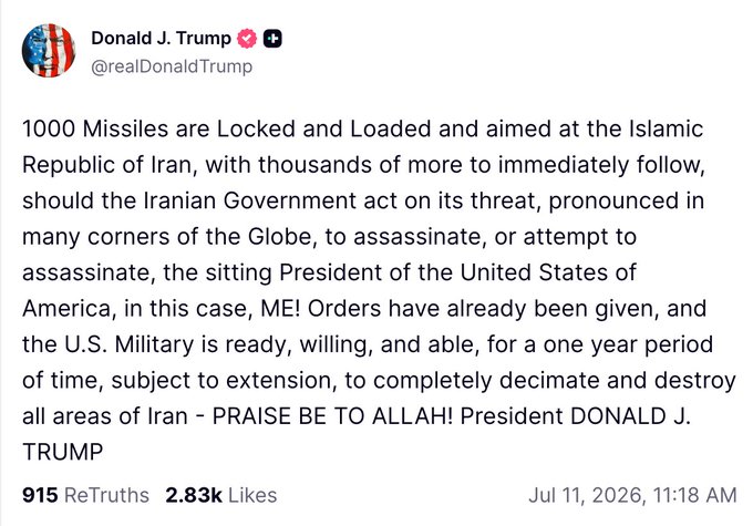 davidicke's tweet photo. Could someone tell this demented clown that he murdered the Iranian leader and the family of the current one who also apparently suffered serious injuries? And that, staggering as it will be to him, his life is not more important than the billions that would be affected by what he claims will happen? Who told him there is an Iranian plot to kill him? ISRAEL. You don't say.
Why would Iran want Trump gone when he hands them all the aces every day?