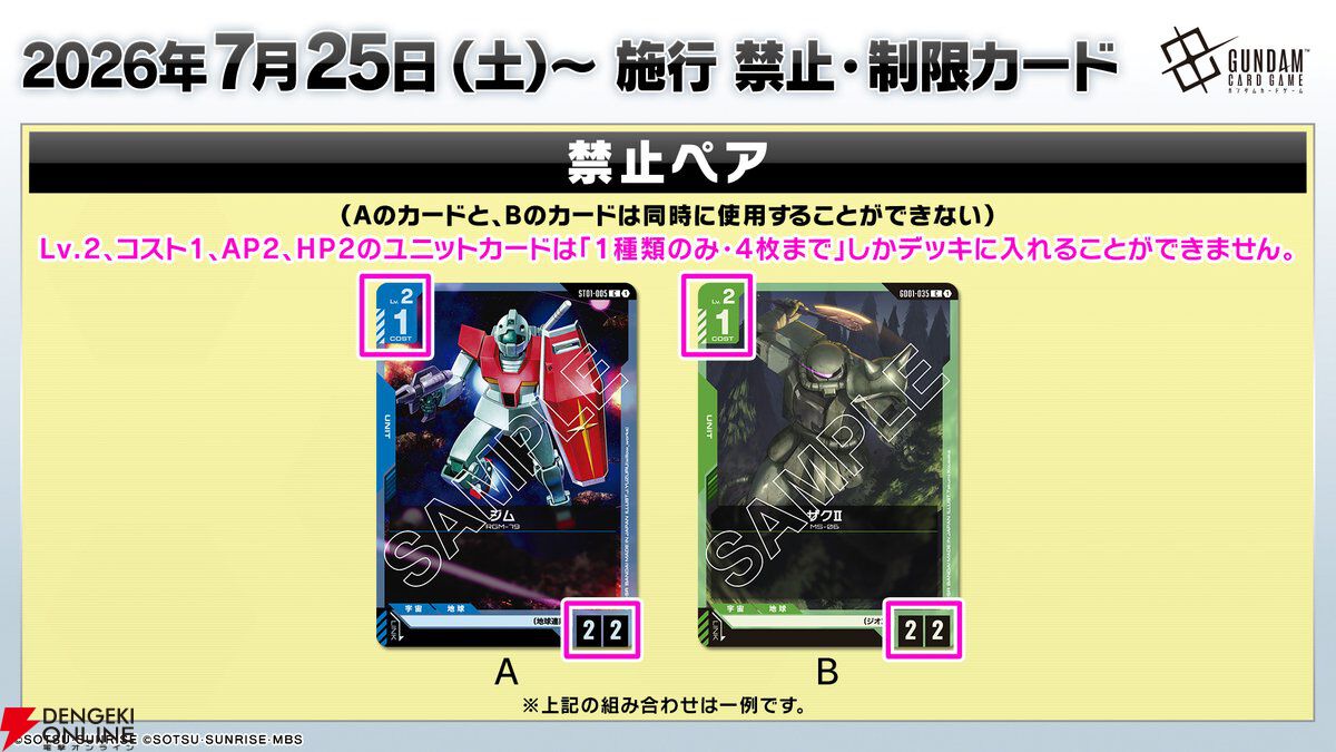 dengekionline's tweet photo. 『ガンダムカードゲーム』効果なしカード20種を同時制限する異例の改訂
https://t.co/Z8cLvfQoBm

アグロ対策で低コストバニラ20種が新ルール“禁止ペア”に指定され、いずれか1種しか組みこめなくなります（7/25施行）。ルールの根本的変更も視野に入れた一時処置とのこと。 https://t.co/i2QyW4gMRl