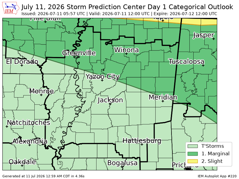 ArkLaMissWX's tweet photo. #SPC issues Day 1 Marginal Convective Risk at Jul 11, 5:57z for JAN https://t.co/AfmKu4WLSo https://t.co/aBOJGOfkTF