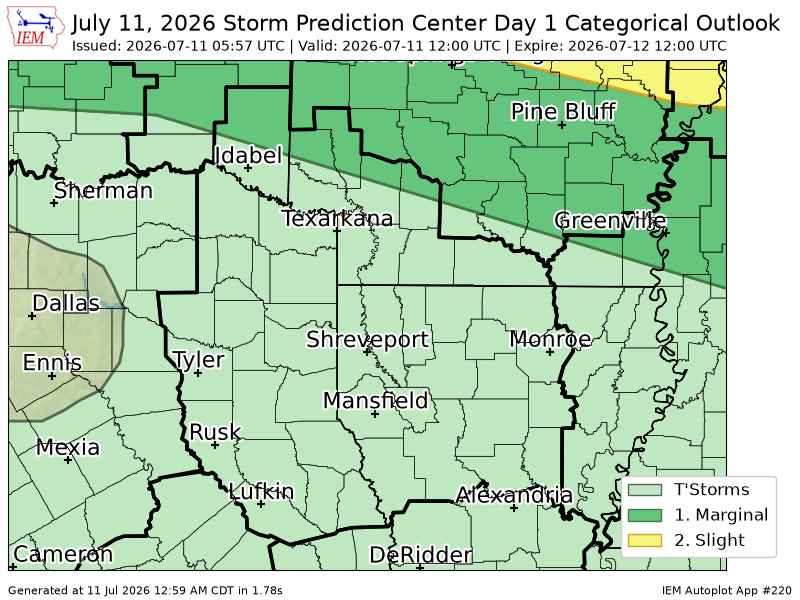 ArkLaMissWX's tweet photo. #SPC issues Day 1 Marginal Convective Risk at Jul 11, 5:57z for SHV https://t.co/AfmKu4WLSo https://t.co/WgKbaH2zwp