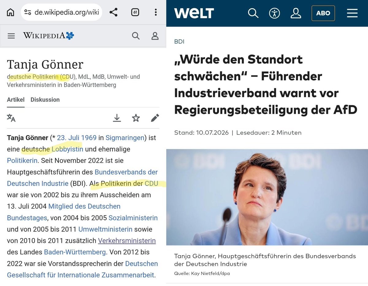 SchmidtSchwerin's tweet photo. Recherche hat 2 Sekunden gedauert. Wir ändern den Titel zu: "#CDU-Lobbyistin hat den Auftrag bekommen presseöffentlich vor der #AfD zu warnen und als Autoritätsargument ihre #BDI-Funktion zu nutzen, obwohl sie noch nie eine Metallplatte verschweißt hat oder die Buchführung des Kaffeeautomaten eines Industrieunternehmens vornahm"

#tanjagönner