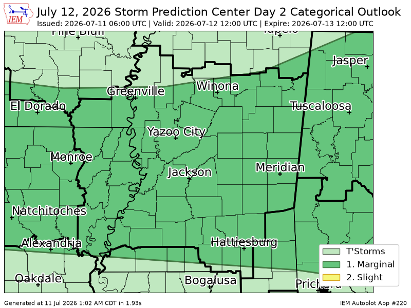 ArkLaMissWX's tweet photo. #SPC issues Day 2 Marginal Convective Risk at Jul 11, 6:00z for JAN https://t.co/Whf2PAYlGh https://t.co/S9sdJzSfF9