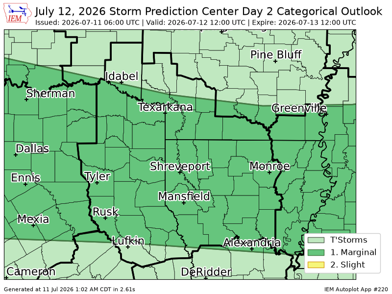 ArkLaMissWX's tweet photo. #SPC issues Day 2 Marginal Convective Risk at Jul 11, 6:00z for SHV https://t.co/Whf2PAYlGh https://t.co/U9KFU3vPpP