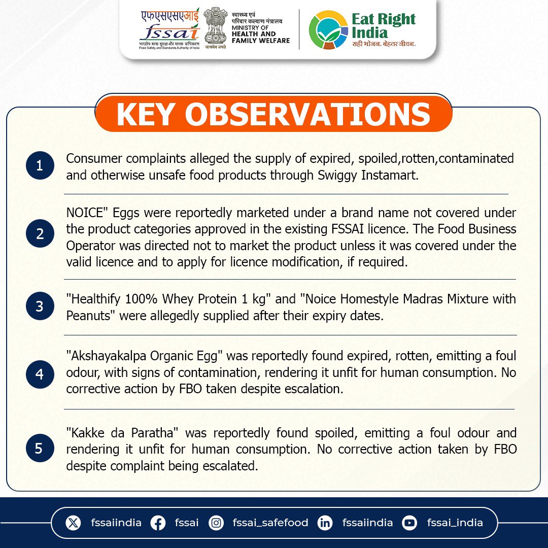 fssaiindia's tweet photo. FSSAI has issued 9 notices to Swiggy Instamart following multiple consumer complaints alleging violations under the FSS Act 2006.

The FBO has been directed to submit a detailed explanation &amp; compliance report failing which appropriate legal action will be initiated #FSSAINotice https://t.co/wxejz38L7T