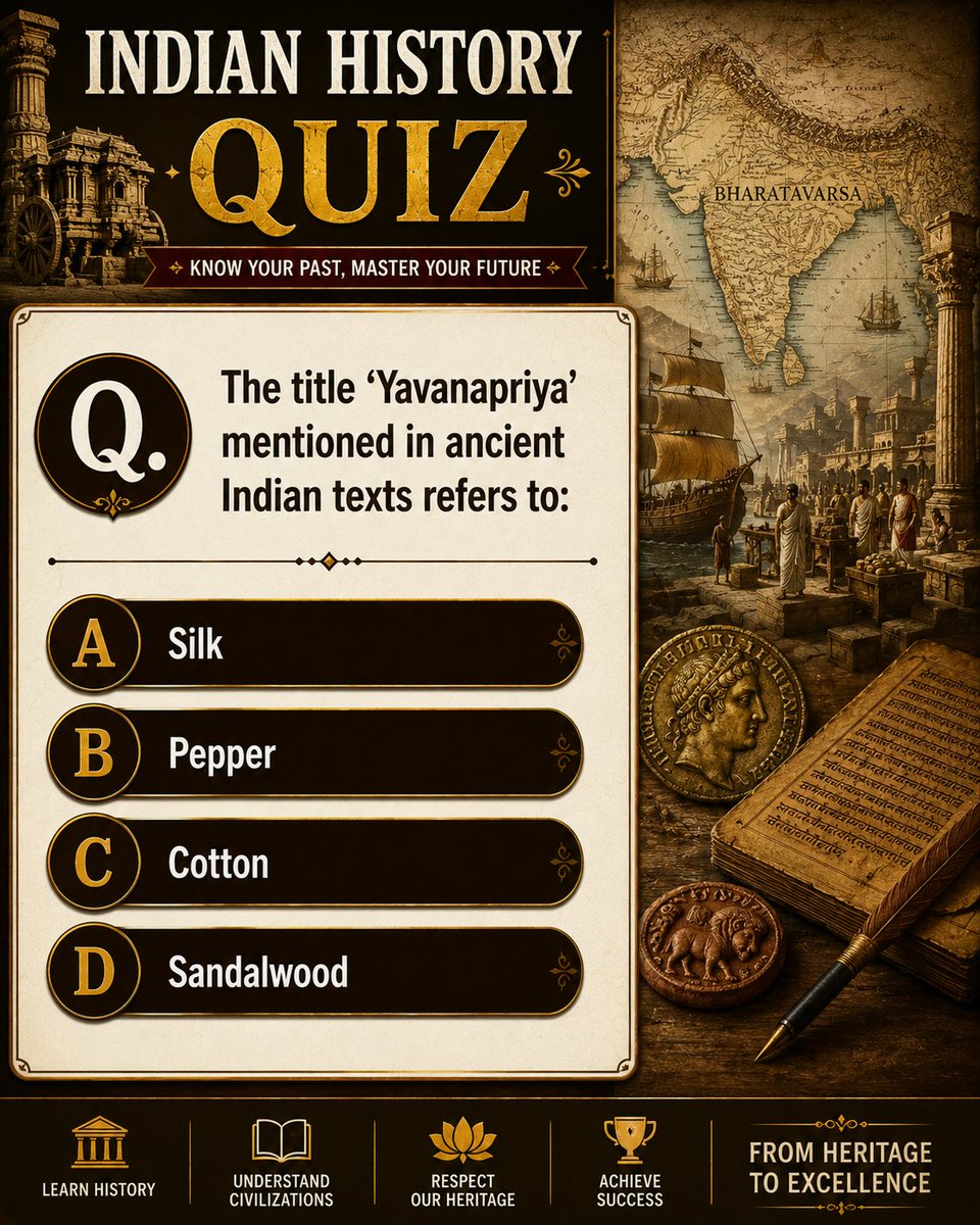 cematerial's tweet photo. Indian History Quiz:
The title 'Yavanapriya' mentioned in ancient Indian texts refers to:
#Generalknowledge #UPSC #SSC #RRB #CompetitiveExams #BPSC #UPSC2026 #indianhistory https://t.co/Zl2Es1L88b