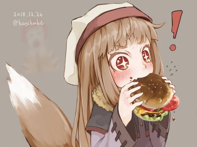 AshChapelsGhost's tweet photo. She's not in a flagkini, but on this 11th day of #31DaysofAmerica, we have my favorite wise wolf enjoying the most famous piece of American cuisine, the hamburger! https://t.co/DOmn1oLWAw