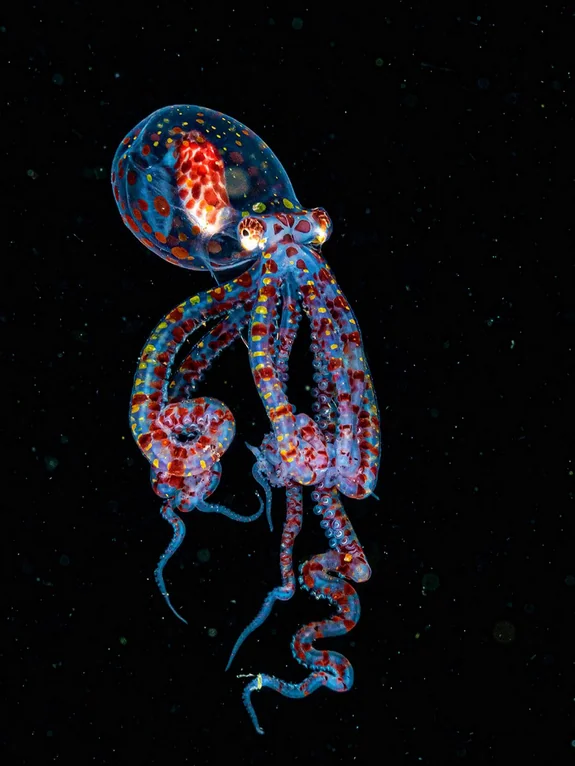 Rainmaker1973's tweet photo. A baby Wunderpus octopus, in its larval stage, its body is completely see-through, revealing its vividly colored internal organs.

[📸 andrey_shpatak]
[📍 Anilao, Philippines] https://t.co/z07c4Xhxr6