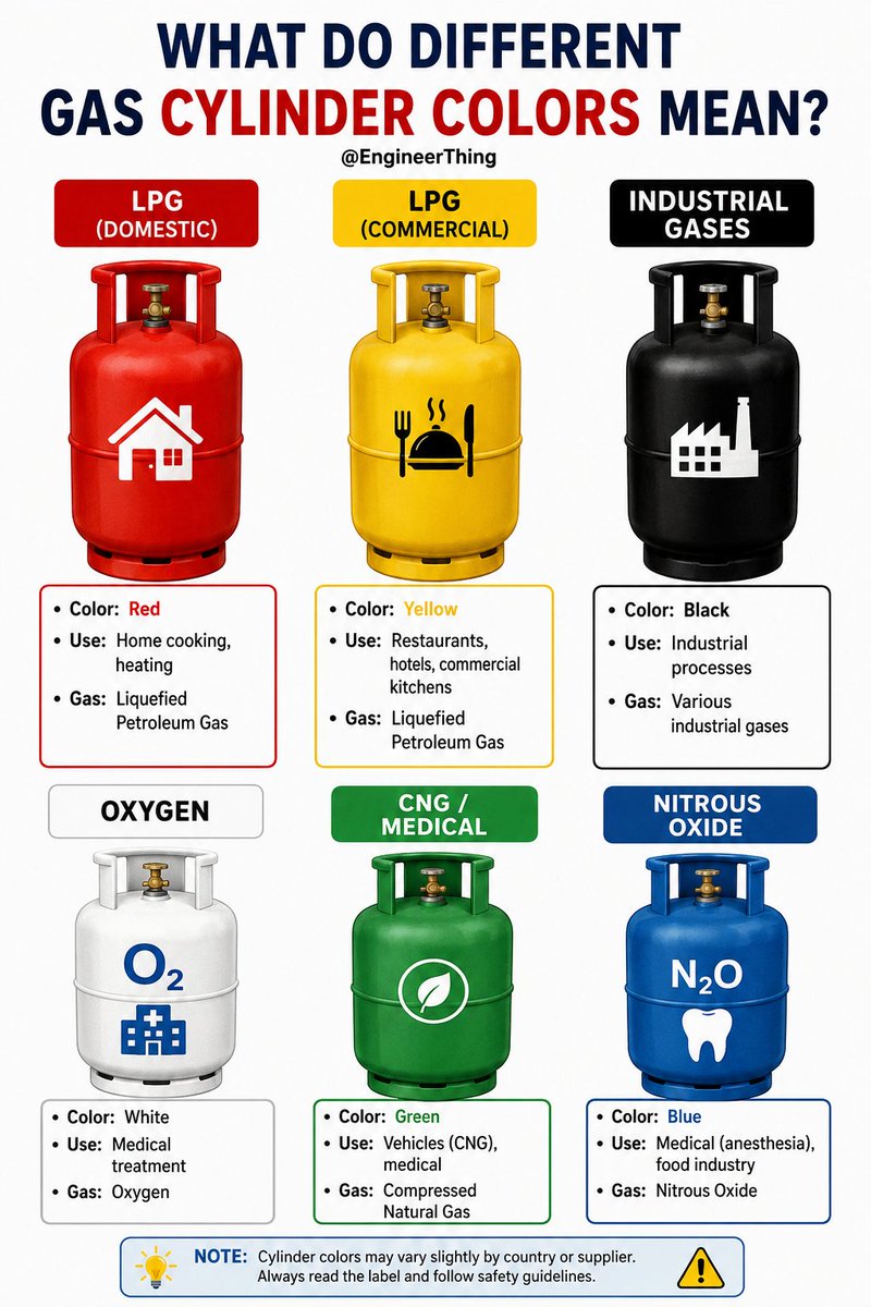 EngineerThing's tweet photo. What Do Different Gas Cylinder Colors Mean? https://t.co/XlLEvdLIyd