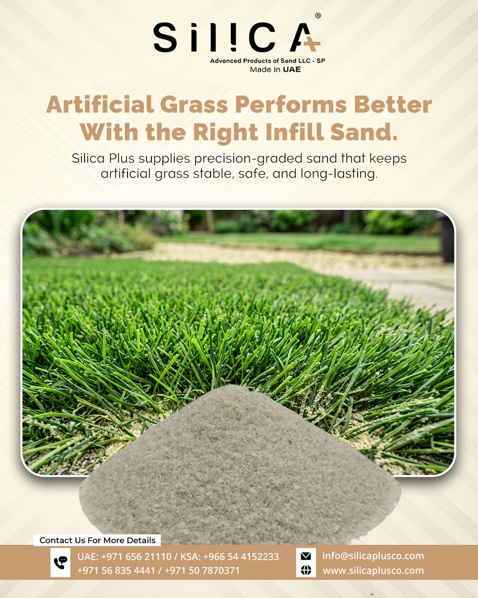 silica_plus's tweet photo. Silica Plus supplies precision-graded infill sand that keeps artificial grass stable, safe, and long-lasting across gardens, sports surfaces, and commercial landscapes.

Get in touch with our team today.

Call: +971 656 21110, Mob. Nos.: UAE +971 56 835 4441, +97150 7870371; KSA: +966 54 4152233
Visit: https://t.co/3GRUMnItu4
Email: info@silicaplusco.com

#artificialgrass #artificialturf #turfsand #infillsand #artificialgrасslawn #landscapinguae #sportsturf #outdoorflooring #silicasand #silicaplus #silicasandsupplieruae #precisiongraded #stablesurfaces #commerciallandscaping