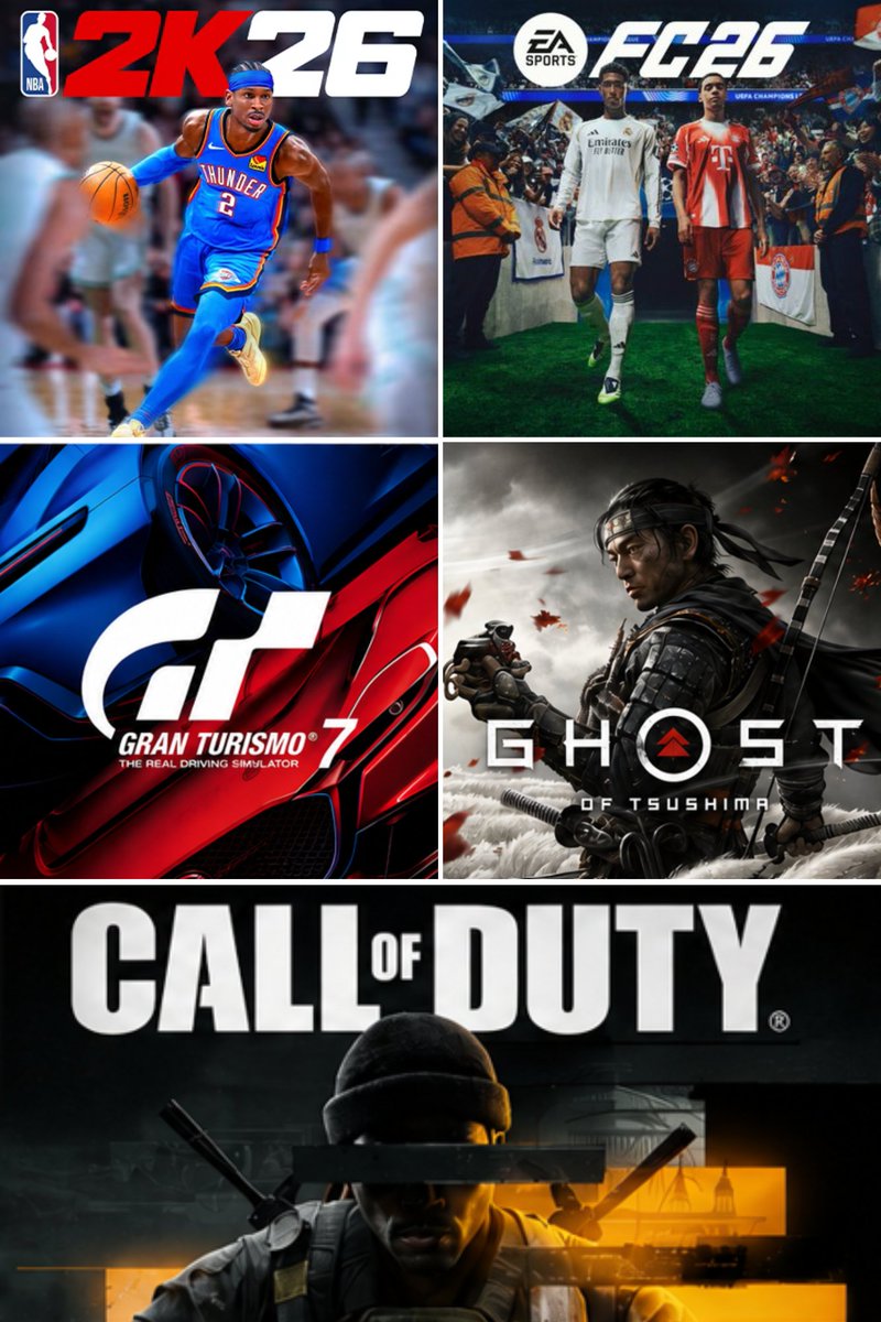savageplaymaker's tweet photo. You can only keep ONE game forever.

🏀 NBA 2K26
⚽ EA SPORTS FC 26
🏎‍🟀 Gran Turismo 7
⚔️ Ghost of Tsushima
🎯 Call of Duty

The rest disappear.

Which one are you keeping, and why? 👀

#Gaming #PS5 https://t.co/oxlaWnkRd7