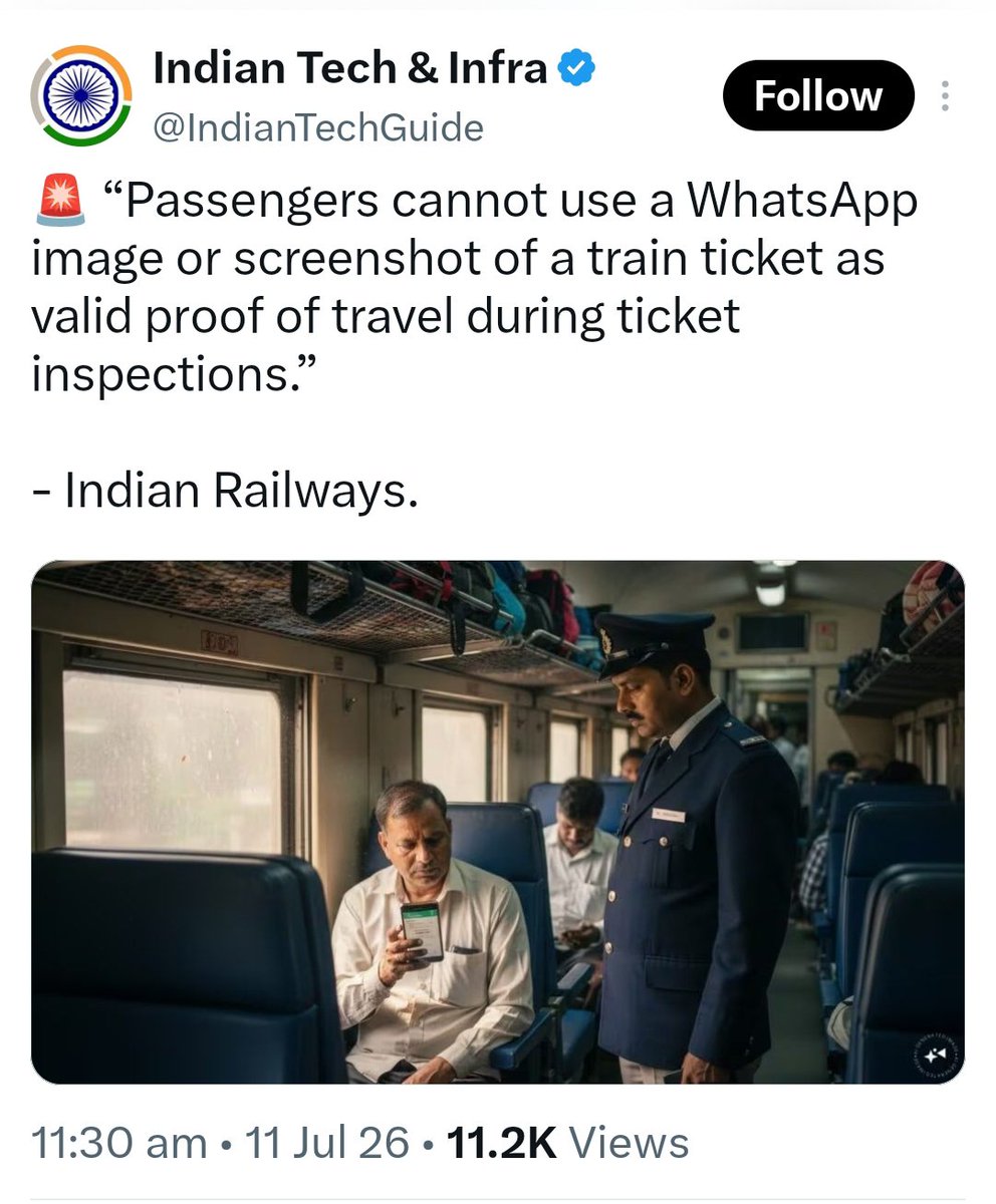 dilipjain1979's tweet photo. Fake News Alert 🚨 

The advisory applies only to UNRESERVED tickets booked through the RailOne App. Such tickets are valid only on the registered mobile device used to book them and must be accompanied by a valid photo ID.

It is not a blanket rule for all railway tickets or all WhatsApp/shared ticket images.

@IndianTechGuide Lagta hai apna payout fake news and Chinese paid news se hi nikalte ho?