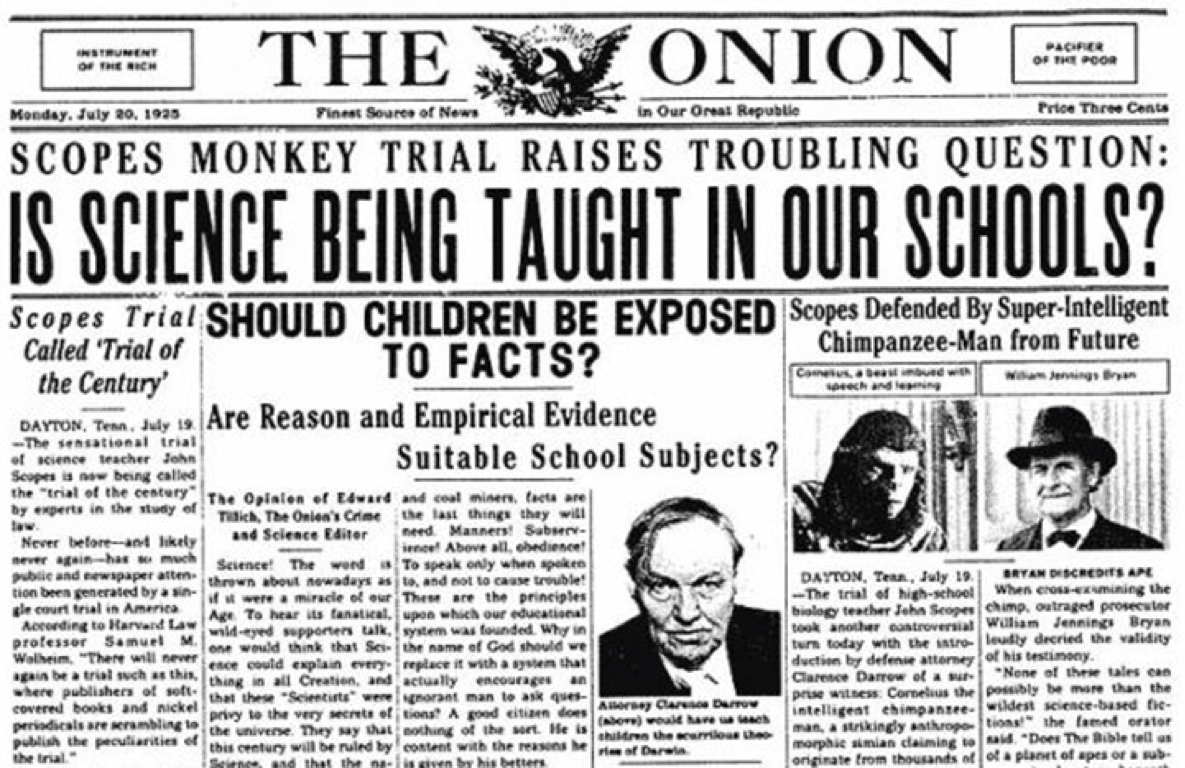 LRonLacy's tweet photo. Headlines:
- *The Bethlehem Globe*, July 10, 1925
- *The Onion*, July 20, 1925
#ScopesTrial #MonkeyTrial #CharlesDarwin #evolution https://t.co/Z8ZhK3bfvN