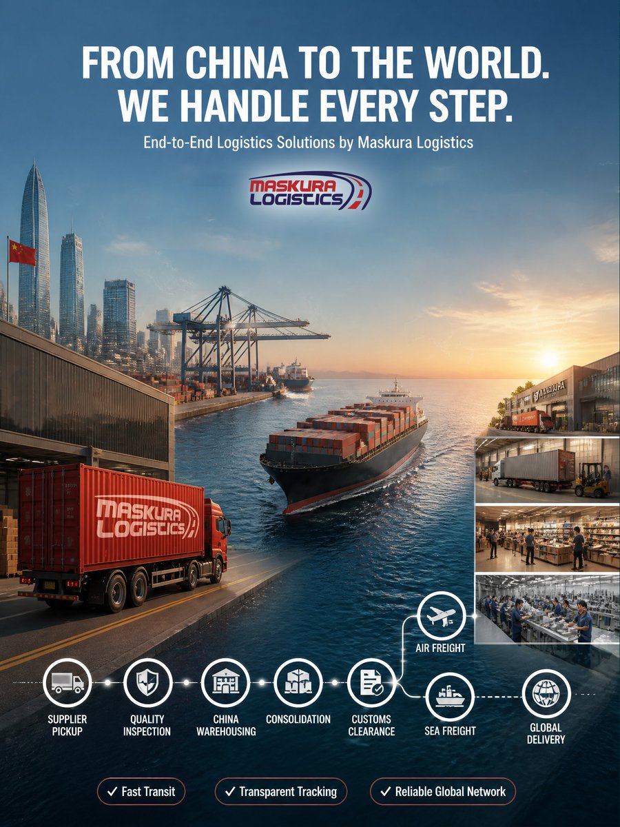 MaskuraLogistic's tweet photo. 🌍 From China to the World, Maskura Logistics handles every step from supplier pickup to global delivery. 
🚢✈️Fast transit, transparent tracking &amp; reliable logistics solutions for your business. 
🌐https://t.co/he4EvPIy1i 
#Logistics #Shipping #ChinaImports #SupplyChain #Maskura https://t.co/L8CZY3XfEE