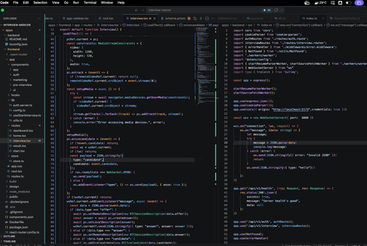 aman100xdev's tweet photo. Woke up, started writing code manually to setup websocket and webrtc connection using docs. 
Typescript helps a lot in writing cleaner code.

Now I'll implement LiveKit server-side to connect client to the server.

good for me, I can still code without ai. https://t.co/aV2v50eOcE