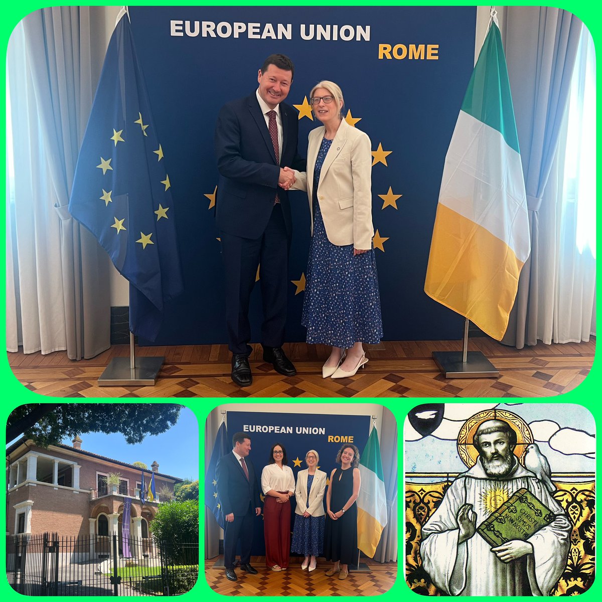 MartinSelmayr's tweet photo. This week at #VillaEurope🇪🇺 in Rome, we said farewell🍀 to two great, committed and hard working members of our TeamEurope🇪🇺: Ireland’s Ambassador Frances Collins and her Deputy Erin Swan @IrlEmbHolySee🇨🇮, who are both ending their mandate at the Holy See🇻🇦 this summer. Frances and Erin have been strong partners for @VeronicaV_EU and me in making a united EU, based on common values, visible in Rome and to join us as strong defenders of principled multilateralism, international solidarity and the fight against climate change @LaudatoSiMvmt. Thanks a lot for the excellent co-operation, and in particular for gifting us with a print of Irish missionary Saint Colombanus - one of the “Fathers of Europe” - for the EU’s @eudeleg_rome in Rome.