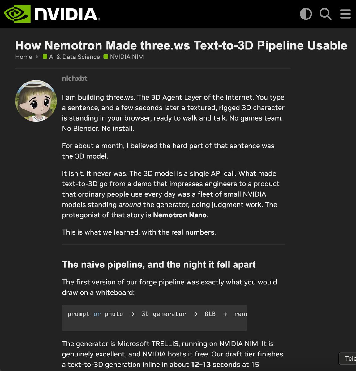 nichxbt's tweet photo. accepted into the @NVIDIA dev program yesterday. today i wrote up, on nvidia's developer site, the one fix that made our whole 3d pipeline work.

people were uploading telegram screenshots, pnls, and a photo too dark to tell it was a cat. to a 3d generator. each one cooked a gpu for 20 seconds.

the generator did nothing wrong. it generated, faithfully, from things not meant to be 3D.

the pipeline had no judgment in it.

the fix: a small free @NVIDIAAI model that says "not that photo" in 1 second, before the gpu ever wakes up.

the 12b is the judgment