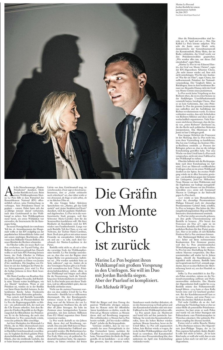 pthibaut's tweet photo. @faznet 
"La comtesse de Monte Christo est de retour"
le titre fait référence à une citation de Sébastien Chenu dans l'article qui compare MLP à Edmond Dantès https://t.co/JoV5mzAbm4