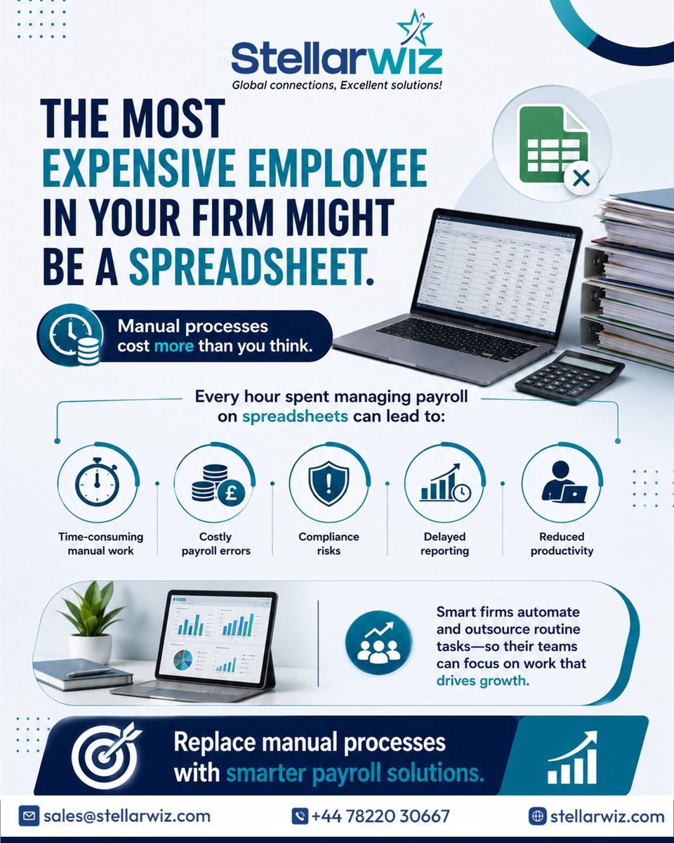 stellarwiz's tweet photo. 💼 Is your payroll process costing you more than you realize?
Manual spreadsheets may seem simple, but they often lead to payroll errors, compliance risks, delayed reporting .

📞 +44 78220 30667
📩 sales@stellarwiz.com
🌐 https://t.co/WqPTzdDLAx

#Stellarwiz #Payroll https://t.co/TVtna1m1zp