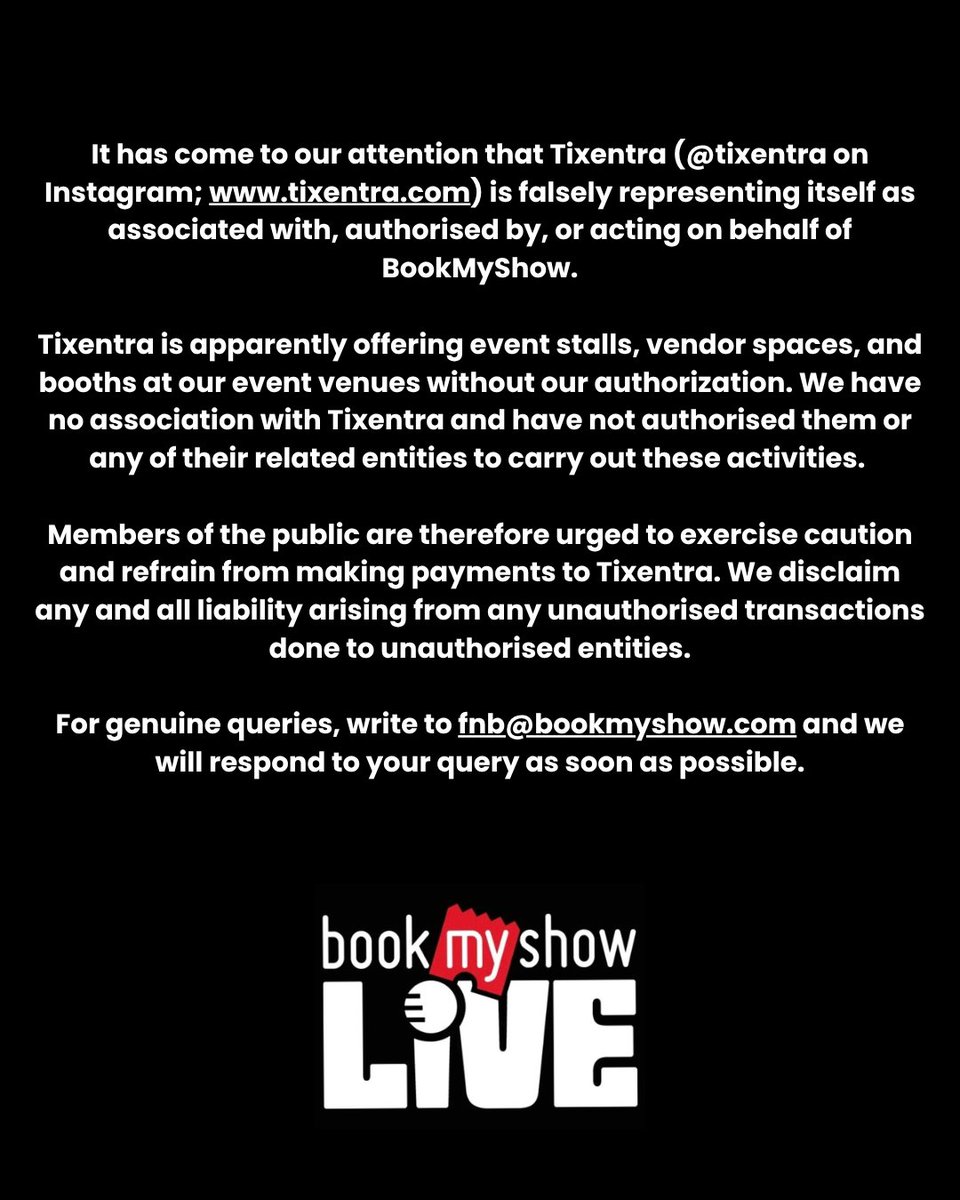 Bookmyshow_live's tweet photo. 🚨 Attention 🚨

We’re committed to keeping your experience safe and secure. 
Please stay cautious and verify before engaging with any third-party vendors claiming to represent BookMyShow.

#BookMyShow #BookMyShowLive #LiveEvents #Concerts https://t.co/5JHdfwldgE