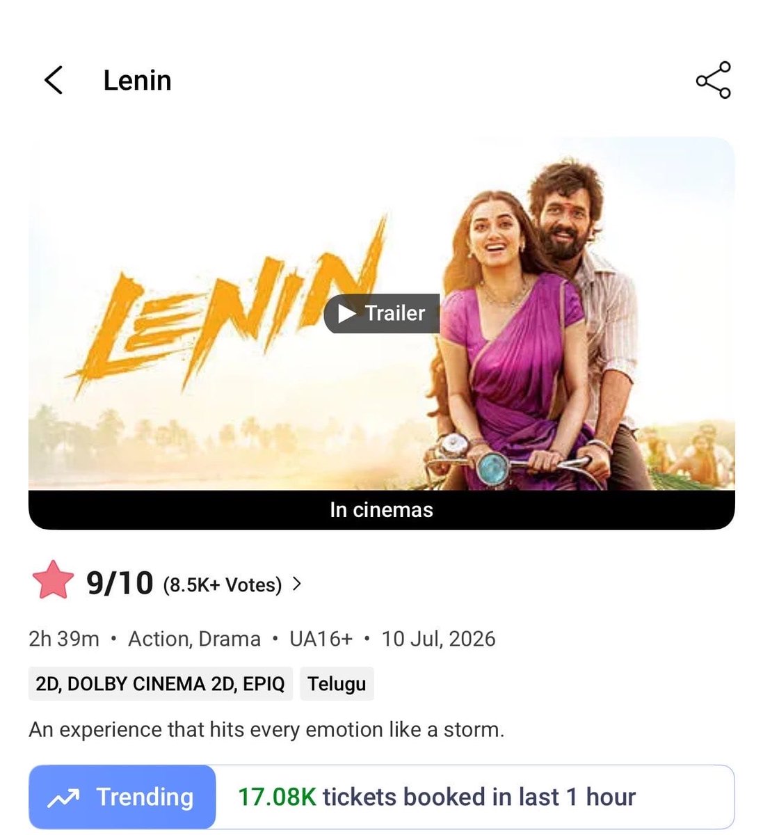RangasthalamIN's tweet photo. Tollywood’s Non-Tier 1 Heroes’ Highest Hourly Peak on BookMyShow…! 

BLOCKBUSTER #LENIN 🔥💥 https://t.co/p8gzWoIOo8
