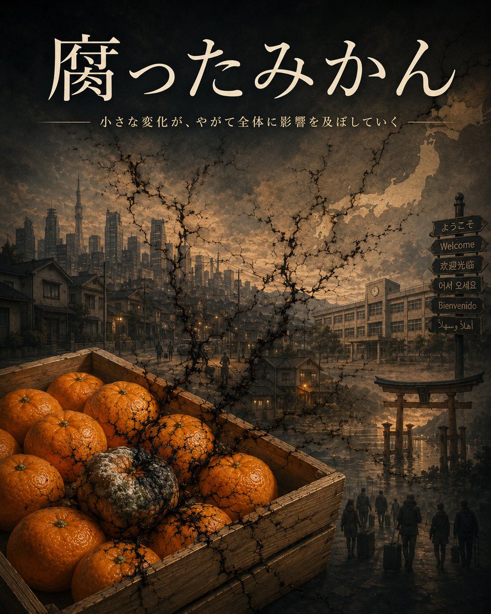 H22Gi's tweet photo. 【腐ったみかん】

それは、ひとつ傷んだものが箱の中に混じることで、周囲まで少しずつ影響を及ぼしていくという意味を持つ。

最初は小さな異変に見える。

だが、放置すれば変化は広がる。
やがて、まだ健全だったものにも影響が及んでいく。

今の日本における多文化共生、移民、難民、外国人労働者の問題も、この比喩で語られることがある。

問われているのは、日本の秩序をどう守るかという制度のあり方であり、現場の不安にどう向き合うかという行政の姿勢であり、意見の違いをどう受け止めるかという社会の空気である。

郷に入っては郷に従う。

この当たり前が崩れれば、共生は共生ではなくなる。

言語の壁。
生活習慣の違い。
地域社会への影響。
教育や職場への負担。
受け入れる側の不安。

こうした現実を、きれいな言葉だけで覆い隠してはならない。

「多文化共生」という理念そのものを否定するのではない。

だが、その言葉のもとで、日本人だけが我慢し、日本人だけが譲り、日本人だけが不安を飲み込むのなら、それは共生ではない。

日本社会の静かな侵食である。

腐ったみかんの比喩が示すのは、最初から箱全体が傷んでいるわけではないということだ。

小さな変化を軽く見る。
個別の問題を見なかったことにする。
現場の声を差別の一言で封じる。

その積み重ねが、やがて社会全体のあり方を変えていく。

日本には、日本の言葉がある。
日本には、日本の礼節がある。
日本には、長い年月をかけて築かれてきた秩序がある。

それらを守らずして、何を守るというのか。

受け入れには、線引きが必要だ。
善意には、責任が必要だ。
共生には、守るべき土台が必要だ。

土台を失った共生は、ただの崩壊である。

社会の変化は、初めは小さい。

だからこそ、早く気づかなければならない。

箱を守るためには、原因を見極め、必要な対応を取る覚悟がいる。

感情だけで流されてはならない。
美辞麗句だけで判断してはならない。

失われるものが何かを見極めること。

日本を守るとは、そういうことである。

#腐ったみかん
#多文化共生
#移民政策
#難民問題
#外国人労働者
#日本の侵食
#日本を守る