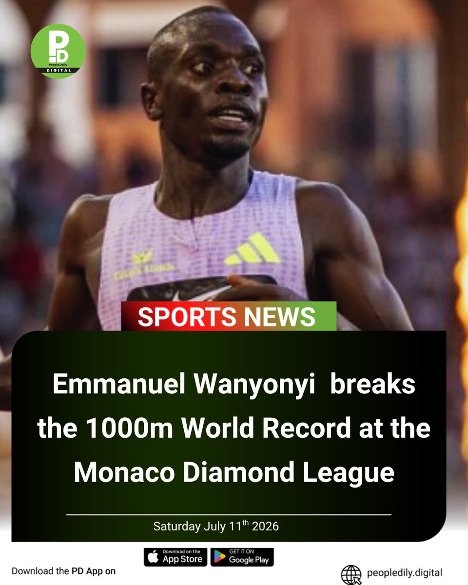 PeopleDailyKe's tweet photo. Wanyonyi clocked 2:11.83 to eclipse the previous world record of 2:11.96 set by fellow Kenyan Noah Ngeny 27 years ago.

The remarkable run also made him only the second man in history to complete the distance in under two minutes and 12 seconds.
#PDSports https://t.co/KnxVpg9DYk