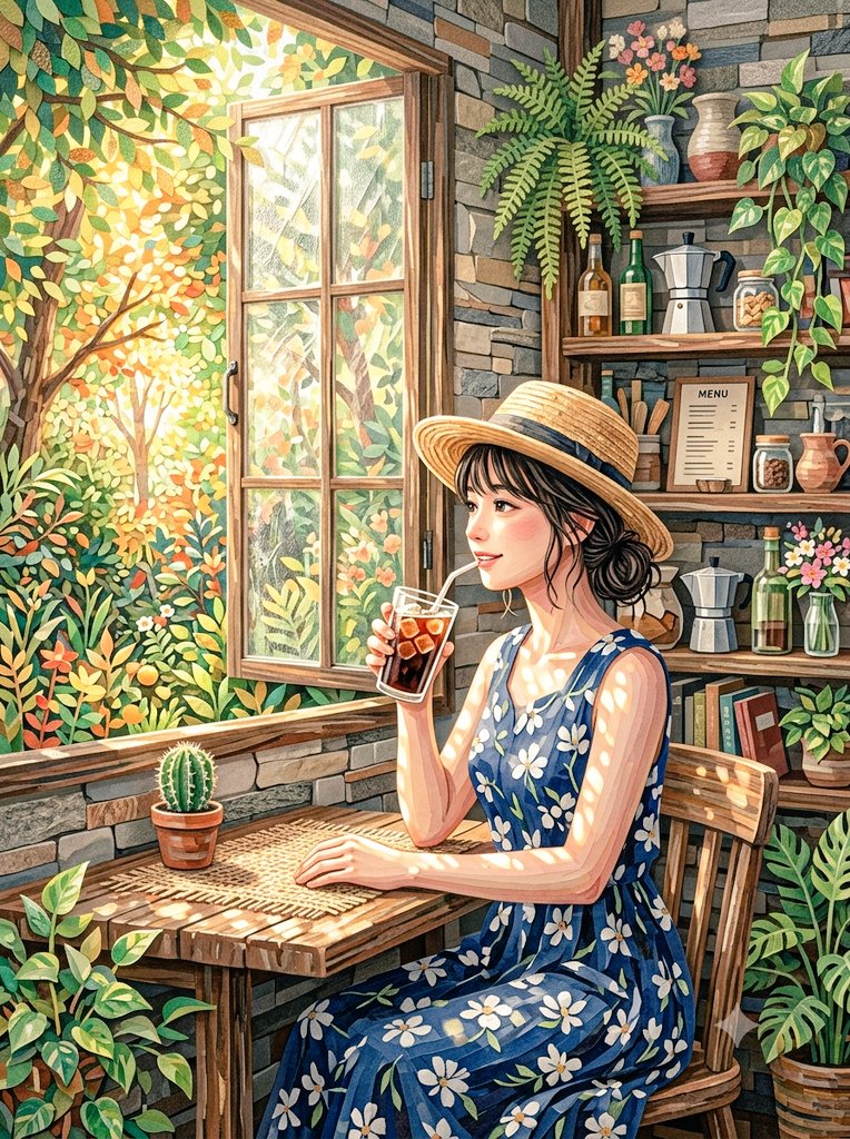 AIマステアート #Gemini 木漏れ日が揺れるカフェの窓際で、アイス珈琲