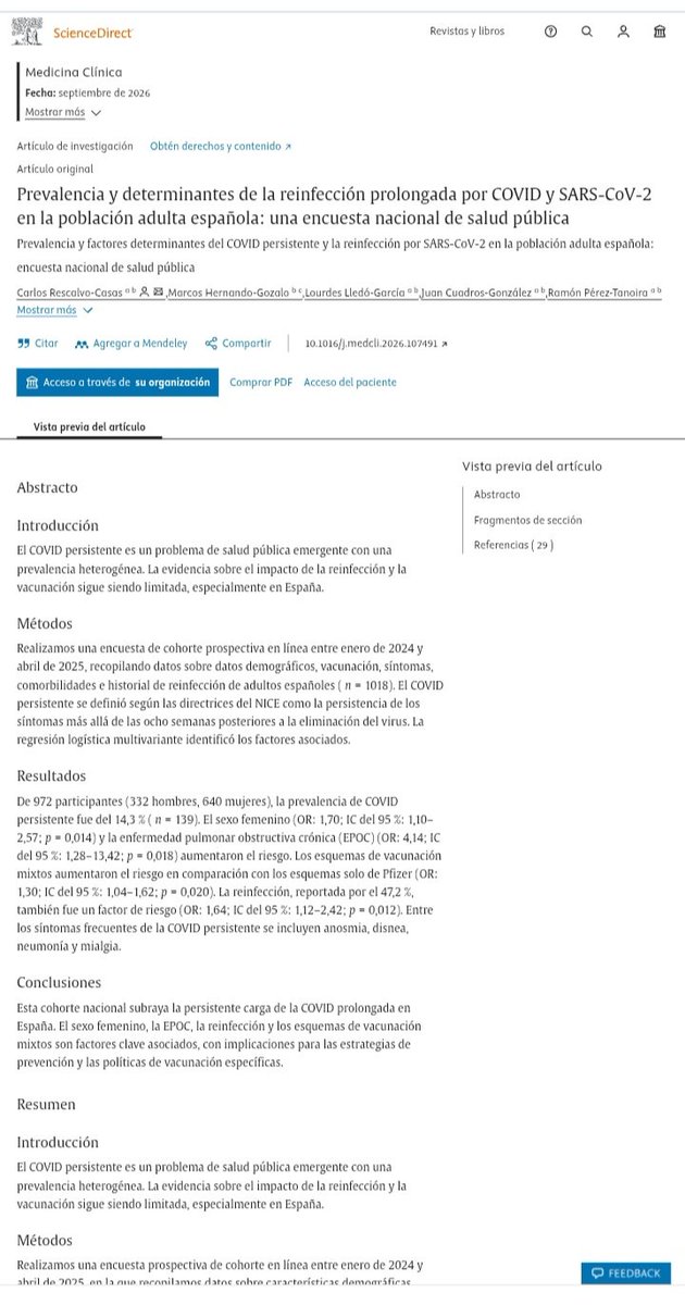 Mau10415616's tweet photo. 🇪🇦
"Prevalencia y determinantes de la COVID persistente y la reinfección por SARS-CoV-2 en la población adulta Española: una encuesta nacional de salud pública."
https://t.co/8YJBExYKTS https://t.co/3iiDlHLXaN