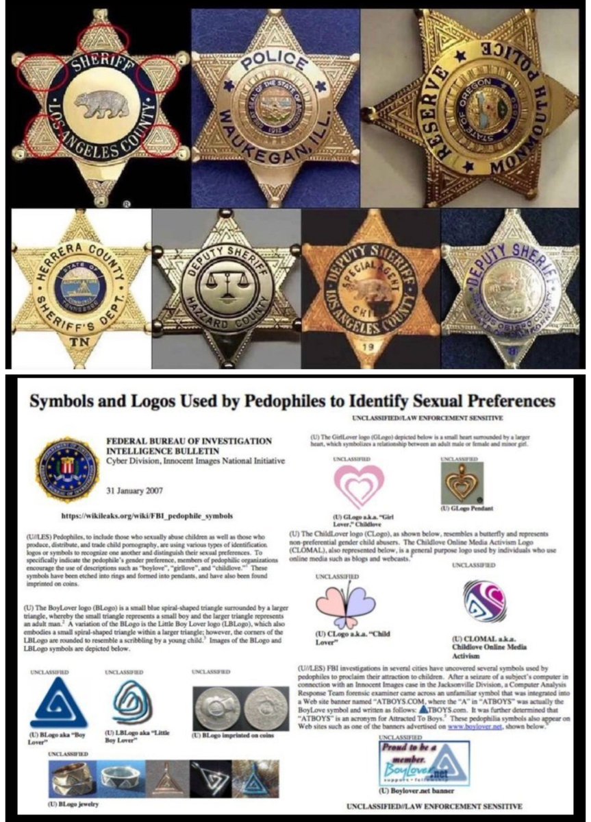 AndreGAP's tweet photo. Por que as seguintes agências civis de aplicação da lei exibem impunemente um símbolo conhecido de pedófilos em seus distintivos?
O @FBI já investigou isso, visto que foi a agência federal deles que declarou que esse símbolo representa pedófilos que "amam meninos"? https://t.co/06nYTqs4rg