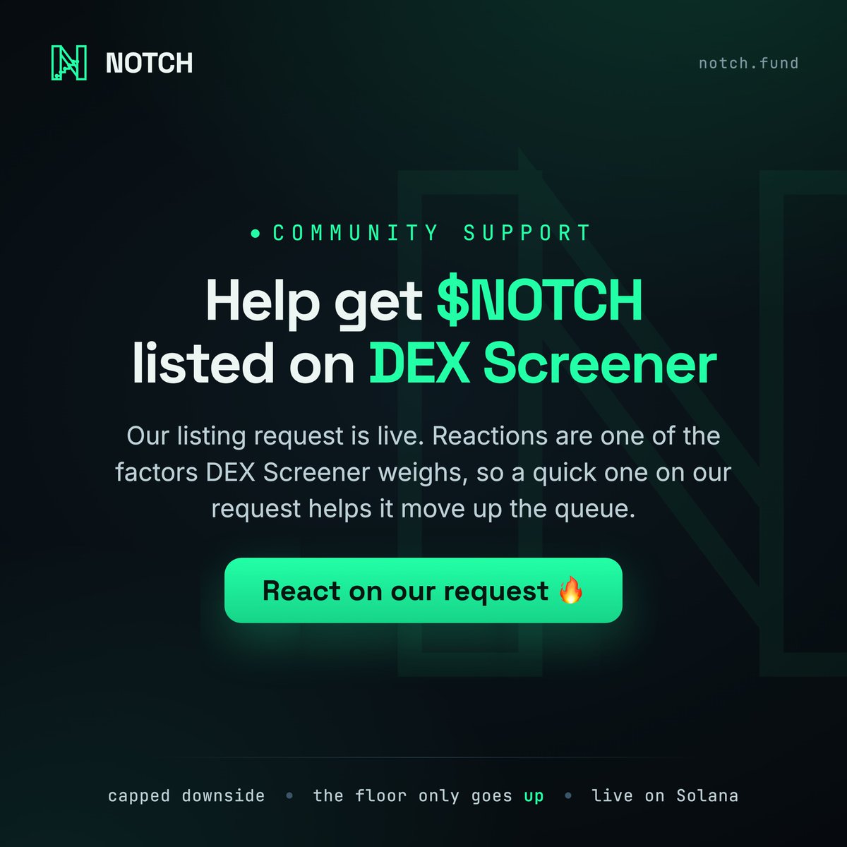 Sam3dsol's tweet photo. $NOTCH is up for listing on DEX Screener.

if you're in the DEX Screener Discord, drop a 🔥 on our request to help it move up the queue:
https://t.co/JMhn0j3Oyq https://t.co/mCQz37ohbs