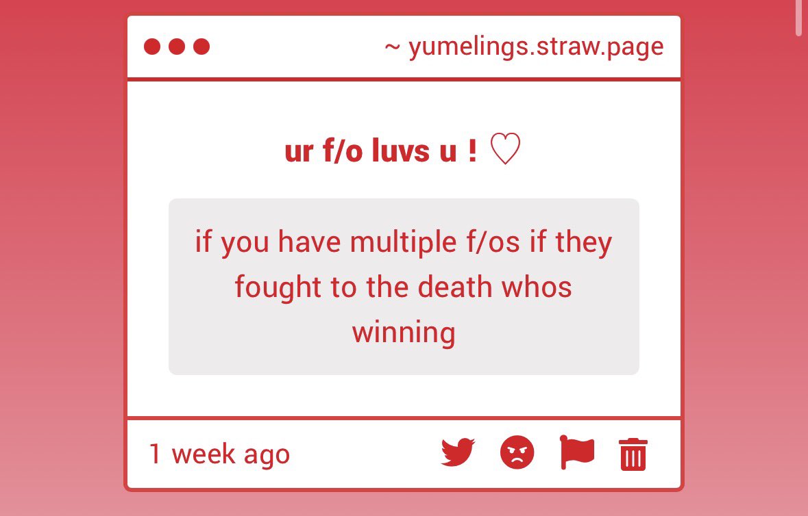 yumelings's tweet photo. ── ⟡ ˙❔ ̟   

if you have multiple f/os , who’s winning if they fought to death ? https://t.co/rZnWjGOkJI