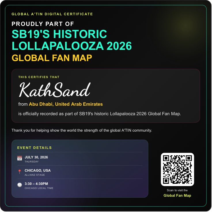 ykai8's tweet photo. 🌍 I'm proudly part of SB19's historic Lollapalooza 2026 Global Fan Map!

Join A'TIN around the world and check in:

https://t.co/eXaAK8mIqj

#SB19 #Lollapalooza2026 #GlobalATIN https://t.co/NyLuzYW7Ke