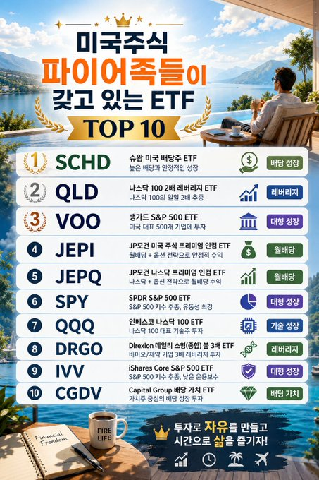 Banbo_Insight_'s tweet photo. [미국주식 파이어족들이 갖고 있는 ETF TOP 5]
이 리스트 저장하고 매수하셈.

1.  SCHD
2. QLD
3. VOO
4. JEPI
5. JEPQ
6. SPY
7. QQQ
8. DRGO
9. IVV
10. CGDV https://t.co/U3yExcE2x4