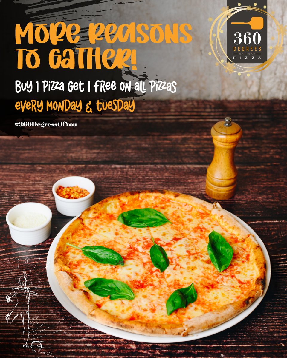 360DegreesRW's tweet photo. Why have one when two are on the table? Start your week with our Buy One Get One Free Pizza offer on all our pizzas and make every Monday and Tuesday twice as delicious.​
#360DegreesOfYou https://t.co/GYRiWYNXlf
