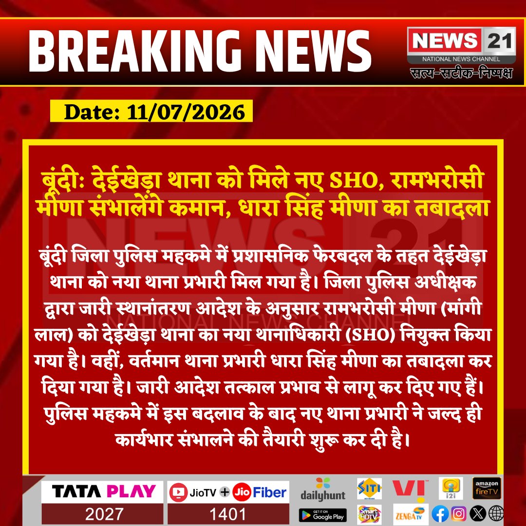 news21national's tweet photo. बूंदी: देईखेड़ा थाना को मिले नए SHO, रामभरोसी मीणा संभालेंगे कमान, धारा सिंह मीणा का तबादला

#Deikheda #Bundi #RajasthanPolice #SHO #PoliceTransfer #TransferNews #BundiNews #RajasthanNews #BreakingNews #LatestNews #HindiNews #News21 #News21National
@BundiPolice https://t.co/sdQPMZhXLB