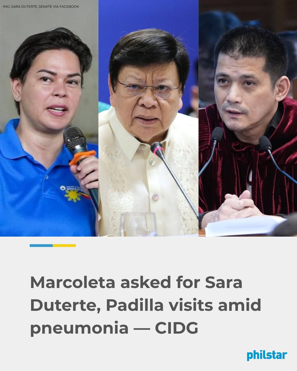 PhilstarNews's tweet photo. PERSONAL REQUEST NI MARCOLETA

The Philippine National Police Criminal Investigation and Detection Group (PNP-CIDG) clarified that Sen. Rodante Marcoleta personally requested to allow Vice President Sara Duterte and Sen. Robin Padilla to visit him at the PNP General Hospital.

Read: https://t.co/ISdLXlMJkJ