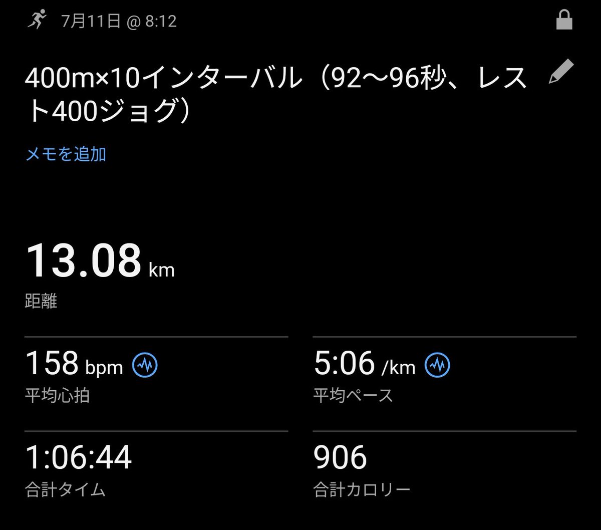 harukash400's tweet photo. 久しぶりにショートインターバル。設定タイムはクリア、しかし心拍が狙ってたより上がらず…でも速めのスピードで走る機会が作れたのでよし。そろそろ晴れだと8時でもかなり暑く感じるので、さらに早起きしないといけない季節になってきたな https://t.co/QUs01r9rMb