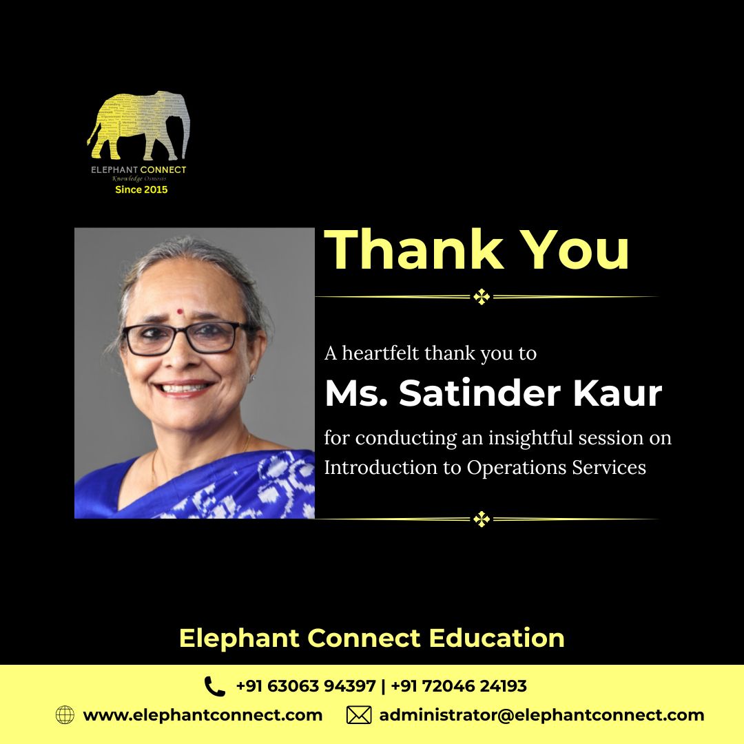 ElephantConnect's tweet photo. A sincere thank you to Ms. Satinder Kaur for delivering an engaging and informative session on Introduction to Operations Services for our team. We also thank Ms. @VidyottamaPS and Only Women for their continued support.

+91 63063 94397 
https://t.co/f4YuqWdD5K

#Operations https://t.co/C66bB1cRJZ
