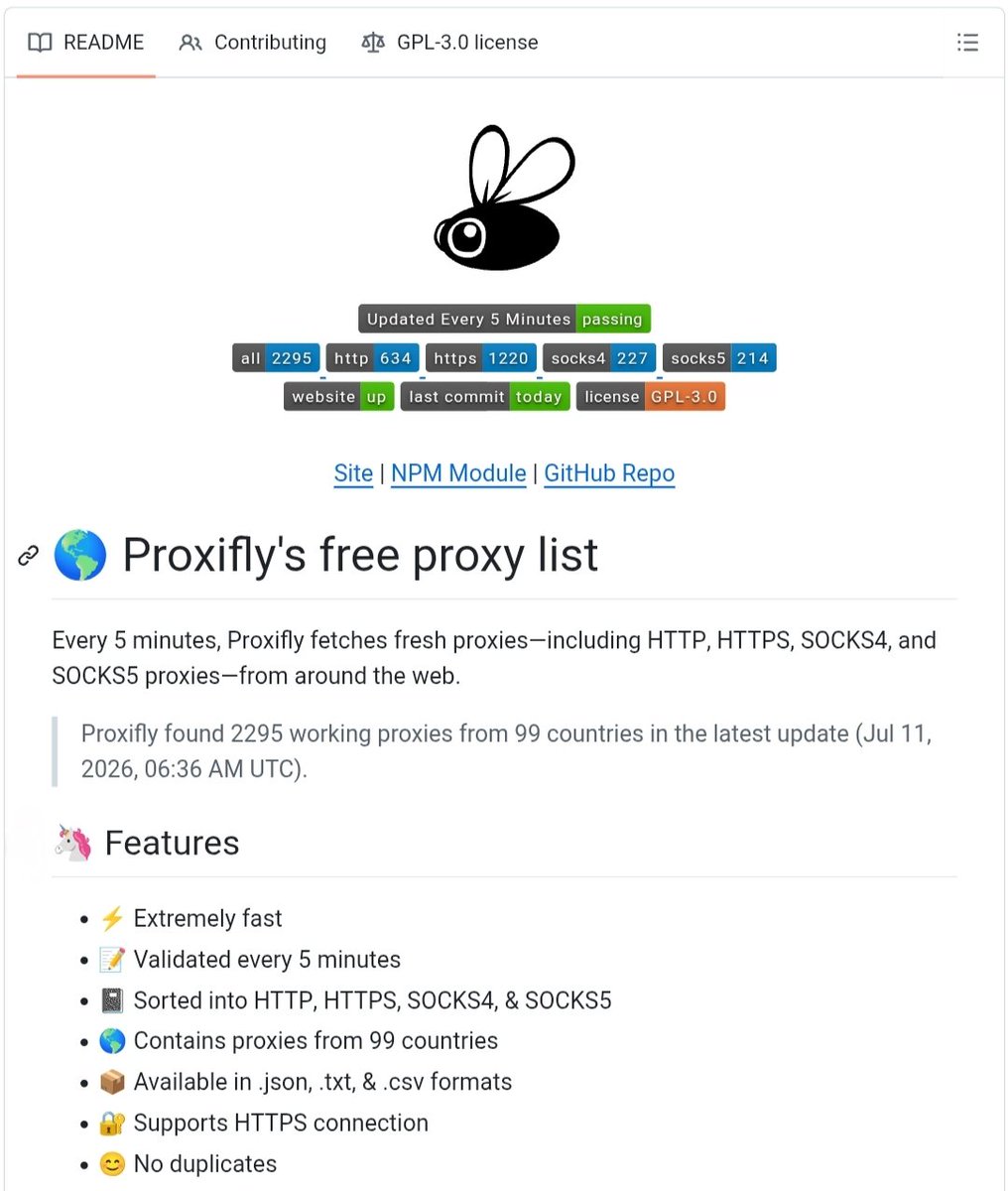 VivekIntel's tweet photo. free-proxy- list? Access Fresh Free Proxies Updated Every 5 Minutes 💥💀

Proxifly is an open-source project that provides a continuously updated list of working HTTP, HTTPS, SOCKS4, and SOCKS5 proxies. The proxies are validated every 5 minutes and are available in multiple formats for developers, researchers, and automation workflows.

✨ Key Features:
• 🌍 Working proxies from 99+ countries
• 🔄 Automatically updated every 5 minutes
• 🔐 Supports HTTP, HTTPS, SOCKS4 & SOCKS5
• 📄 Available in JSON, TXT & CSV formats
• ⚡ Fast, validated & duplicate-free proxy lists
• 📦 Easy integration with NPM, cURL & APIs

🔗 https://t.co/sIEatSblv8

#CyberSecurity #Proxy #OpenSource #GitHub #Privacy #Networking #Developers