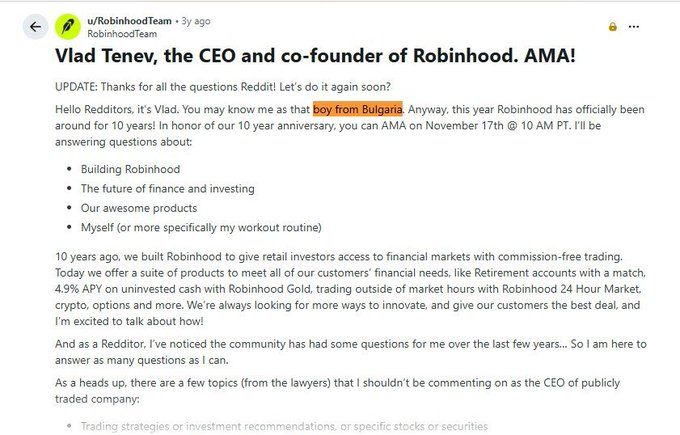 HOOdGoddev's tweet photo. Quick, look at what I found.
Vlad is literally calling himself the "Bulgarian Boy" 
https://t.co/aneomJW7aP
ISN'T THIS INSANE? A self-proclaimed Bulgarian Boy by the robinhood co-founder https://t.co/i974hP6rct