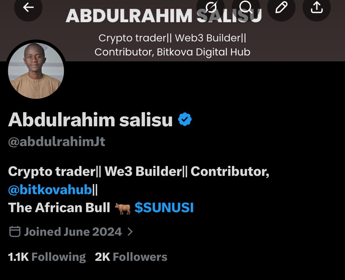 abdulrahimJt's tweet photo. Wake up to hit 2k followers on X.
This is a journey of learning and growth.
A very big thanks to everyone for the trust repose in me over the years.
You wonβt regret it In sha Allah π―π€β€οΈ
#Web3growth #Connect #learn #growtogether https://t.co/ZjeI7JrIvF