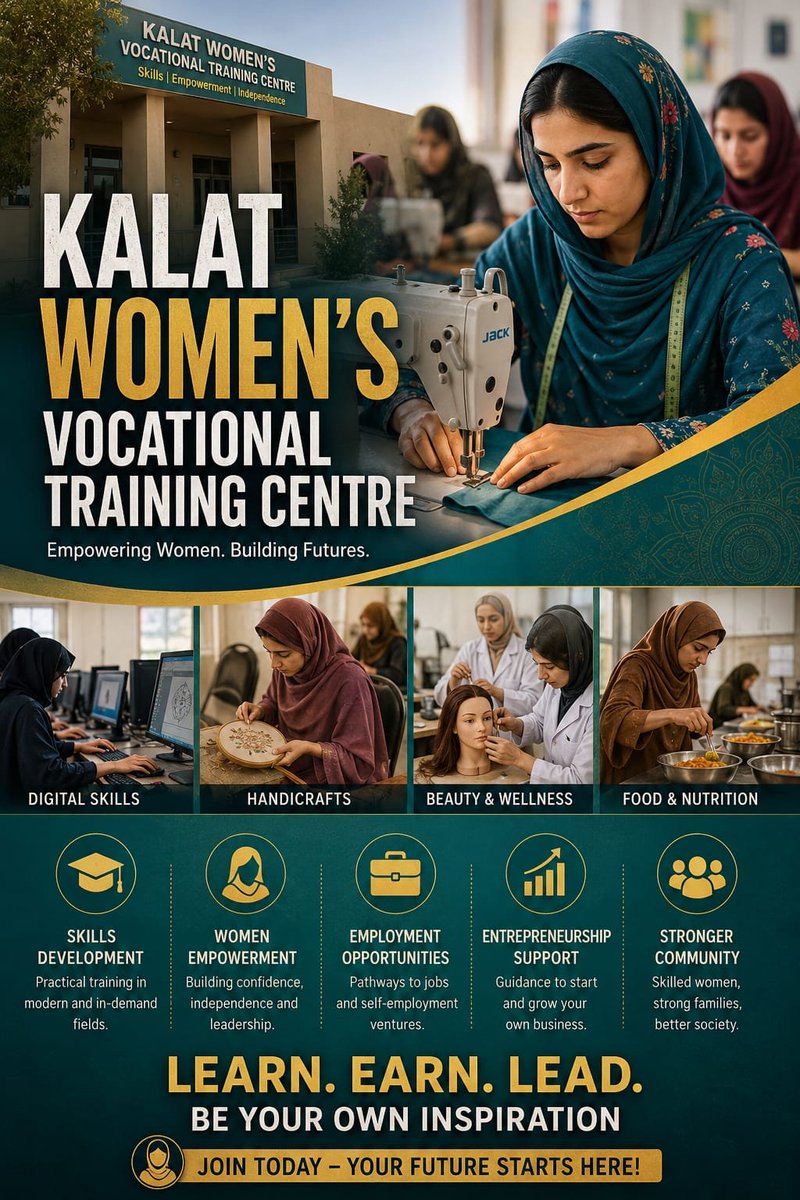 Aqib31166812315's tweet photo. 👩🎓 Kalat Women's Vocational Training Centre
The Kalat Women's Vocational Training Centre empowers women with practical skills, promotes entrepreneurship, and creates better opportunities for employment and financial independence.
#Kalat
#WomenEmpowerment
#VocationalTraining https://t.co/5AmrOKigUA