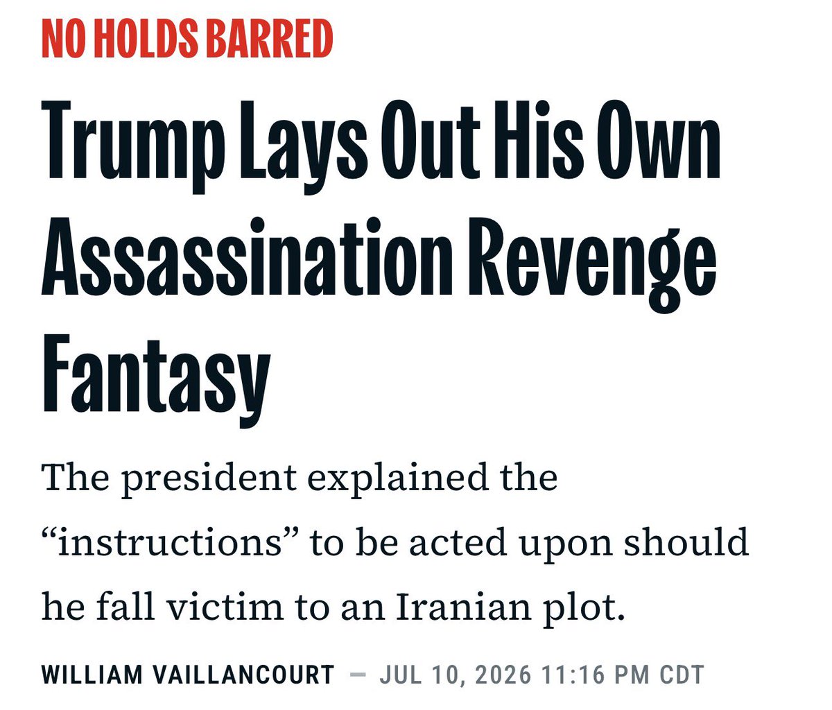 CamSpradling's tweet photo. When I read the headline that 80-year-old narcissistic Trump has left America detailed instructions on what to do in the event of his assassination, I was only slightly relieved that it didn’t involve large vats of red Kool-Aid mixed with cyanide. https://t.co/LWDEimcwFD
