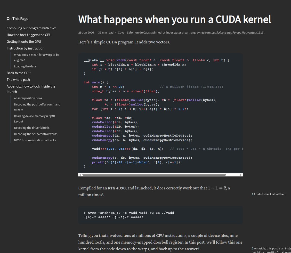 SzymonOzog_'s tweet photo. Saturday reading: "What happens when you run a CUDA kernel" - very cool blogpost on the details about the CPU<->GPU communications required for lauching a kernel https://t.co/RrpQrwxZVc