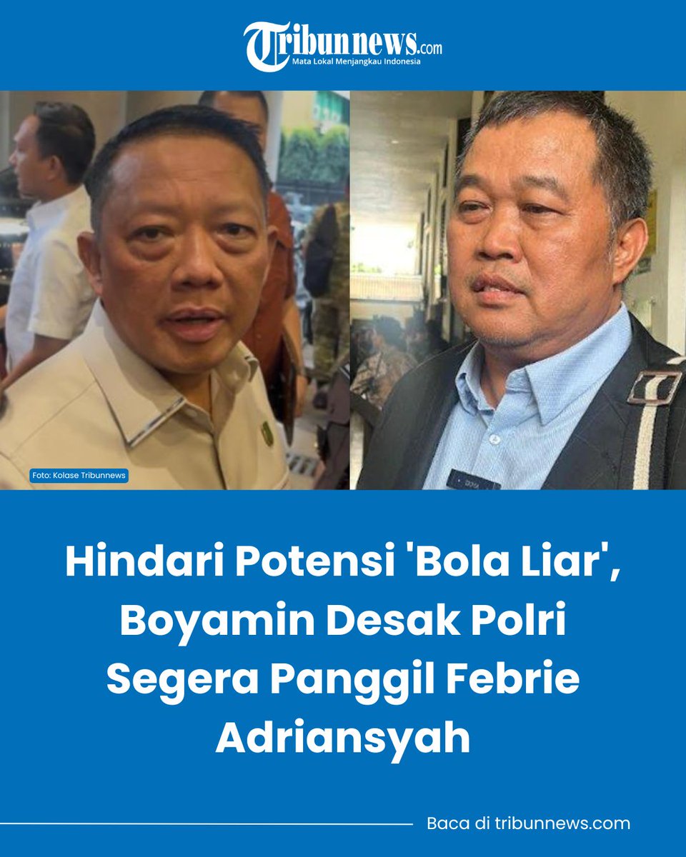 tribunnews's tweet photo. Koordinator MAKI Boyamin Saiman mendesak Polri segera memanggil Febrie Adriansyah agar penyidikan tiga kasus dugaan korupsi tidak menjadi polemik berkepanjangan.

Menurutnya, Febrie harus kooperatif jika dipanggil karena memahami proses hukum sebagai jaksa.

Boyamin juga mengingatkan asas praduga tak bersalah tetap harus dijunjung hingga penyidikan selesai.

Pihaknya  juga meminta Febrie untuk bersikap kooperatif jika nantinya mendapat panggilan pemeriksaan dari Polisi.

Terlebih kata dia, Febrie yang merupakan seorang jaksa semestinya memahami mekanisme hukum dan dianggap perlu menjelaskan ihwal temuan uang hingga emas oleh polisi saat menggeledah rumahnya di Sentul, Jawa Barat.

Sedangkan di sisi lain, Kejaksaan Agung menyatakan pengunduran diri Febrie sebagai Jampidsus untuk menjaga integritas dan objektivitas proses hukum.

#boyaminsaiman #febrieadriansyah #polri