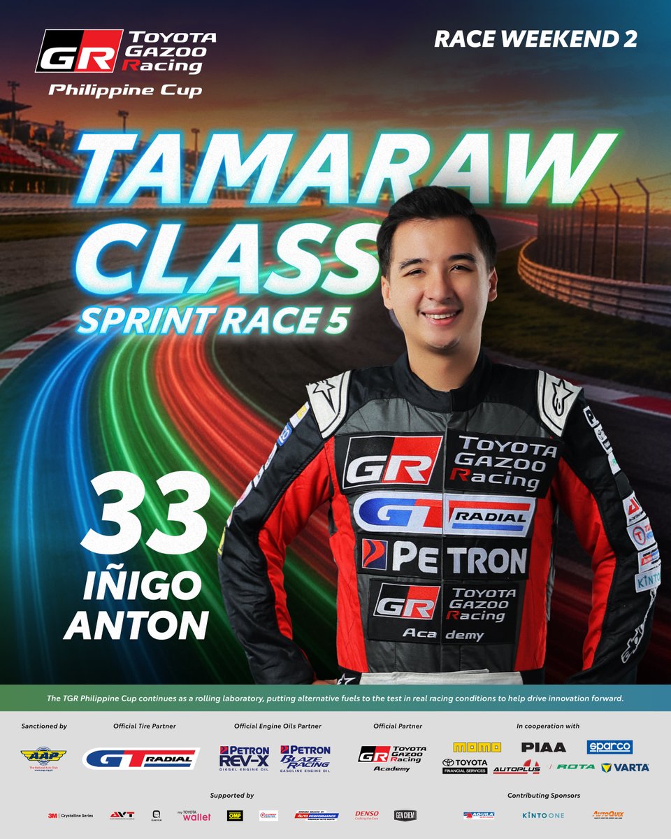TGRPhilippines's tweet photo. Your Tamaraw Sprint Race 5 Winners 

🥇Iñigo Anton
🥈Alain Gabriel Alonza
🥉Russel Reyes

#TGRPhilippineCup2026 #TOYOTAGAZOORacing #PushingTheLimitsForBetter #TGRPhilippines https://t.co/ygVdNFCxxM