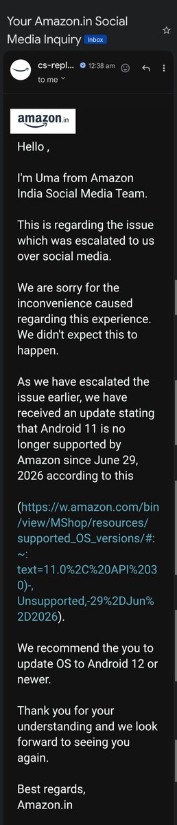 IM_DG007's tweet photo. @amazonIN customer care claims Android 11 is unsupported as of 29.06.2026,despite the @GooglePlay listing Android 9+ as eligible.Since Myntra has the same requirements &amp; runs perfectly,it is much better to boycott #Amazon &amp; stick to @flipkartsupport or @MyntraSupport.
@AmazonHelp https://t.co/zh22WPuZlT