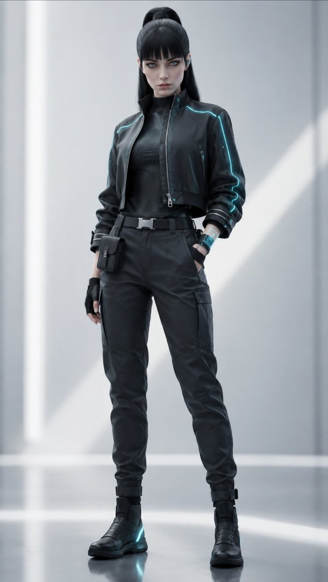JemiVraxIS's tweet photo. Premium VraxIS Outfit Prompt.

Upper Body
Cropped matte charcoal bomber jacket with a clean asymmetrical front zip.

Integrated soft cyan illuminated seam piping tracing the shoulders and sleeves.

Lightweight high-collar inner compression top in deep graphite with subtle hexagonal woven texture.

Fold-back cuffs featuring discreet magnetic fasteners and thin reflective trim.

Lower Body
High-waisted tapered utility trousers in dark slate grey.

Sleek articulated knee panels allowing unrestricted movement.

Streamlined side cargo pockets concealed within the leg seams.
Adjustable ankle cuffs with low-profile magnetic closures.

Footwear
Lightweight urban tech boots reaching just above the ankle.
Flexible segmented soles for all-day comfort.

Matte black composite toe caps.
Cyan illuminated heel strip powered by an internal micro-cell.

Hidden quick-lock lacing system beneath a smooth protective cover.

Accessories
Slim adaptive utility belt with minimalist magnetic buckle.

Compact detachable storage pouch resting on the right hip.

Fingerless urban gloves made from breathable synthetic fabric with reinforced palms.

Thin holographic wrist communicator projecting a compact interface above the forearm.

Small geometric silver ear cuff with a soft cyan light accent.

Materials
Carbon-weave performance fabric.
Matte synthetic leather.

Flexible polymer armor inserts.

Soft technical mesh ventilation panels.

Brushed titanium hardware.

Colour Palette

Matte charcoal.

Graphite black.

Dark slate grey.

Soft cyan illumination.

Brushed titanium metallic accents.