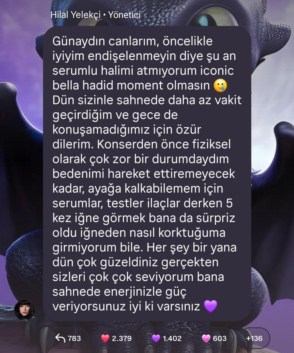 PopFestTR's tweet photo. Hilal Yelekçi, dün akşamki konserde yaşadığı rahatsızlık hakkında açıklama yaptı.

“Sahnede sizinle daha az vakit geçirdiğim için özür dilerim. Konserden önce bedenimi hareket ettiremeyecek kadar kötü durumdaydım. Ayağa kalkabilmek için serumlar, testler, ilaçlar derken beş kez iğne olmak bana da sürpriz oldu.”