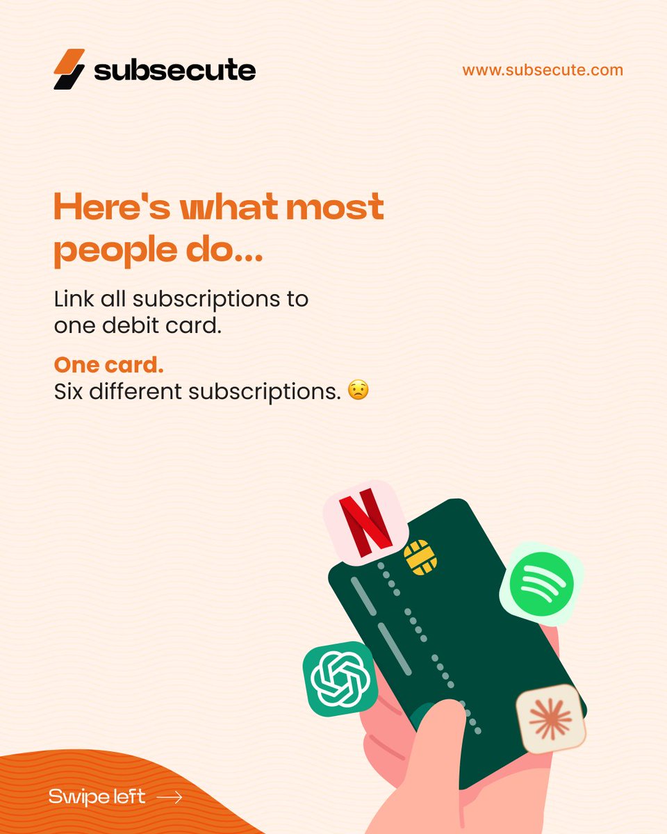 subsecute_'s tweet photo. One card for everything sounds convenient...
Until you're trying to figure out which subscription just charged you. 😅

With One Subscription. One Card., every subcription gets its own dedicated card, making it easier to track, manage, and stay in control of your spending.

Smarter payments start with better organization.

🚀 Join the waitlist today. https://t.co/apjXDlAbhE